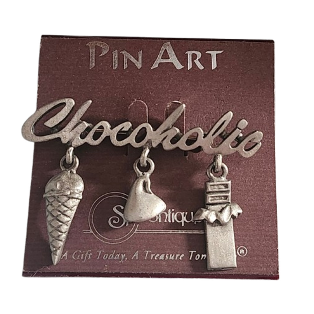 Vtg Spoontiques Pewter Chocoholic Dangle Charm Pin New on Card